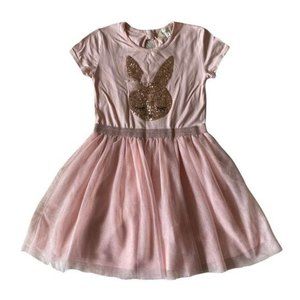 BTWEEN Sz 7 Pink Sequin Bunny Tulle Short Sleeve Dress Gold Glitter